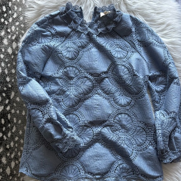 Sezane Blue Ruffled 3/4 Sleeve Bib Collar Blouse - Picture 3 of 3